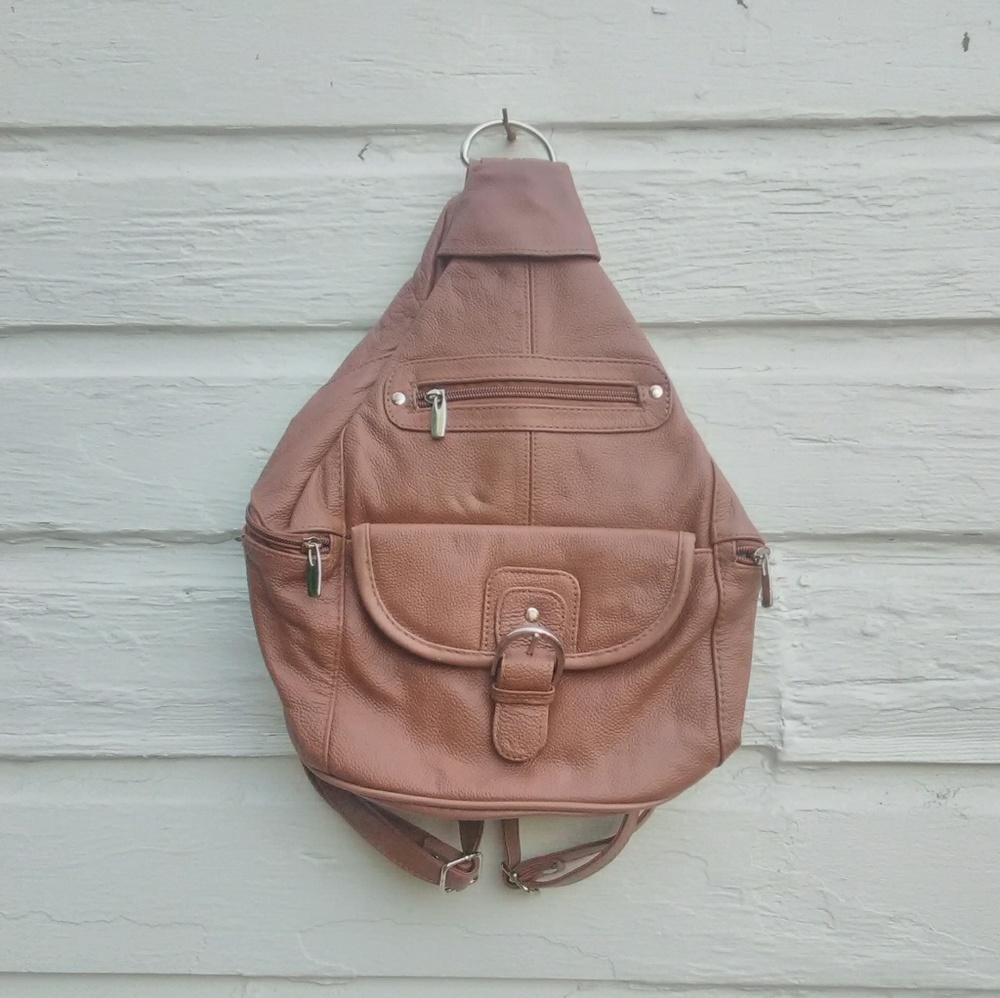Tan faux leather backpack convertible purse